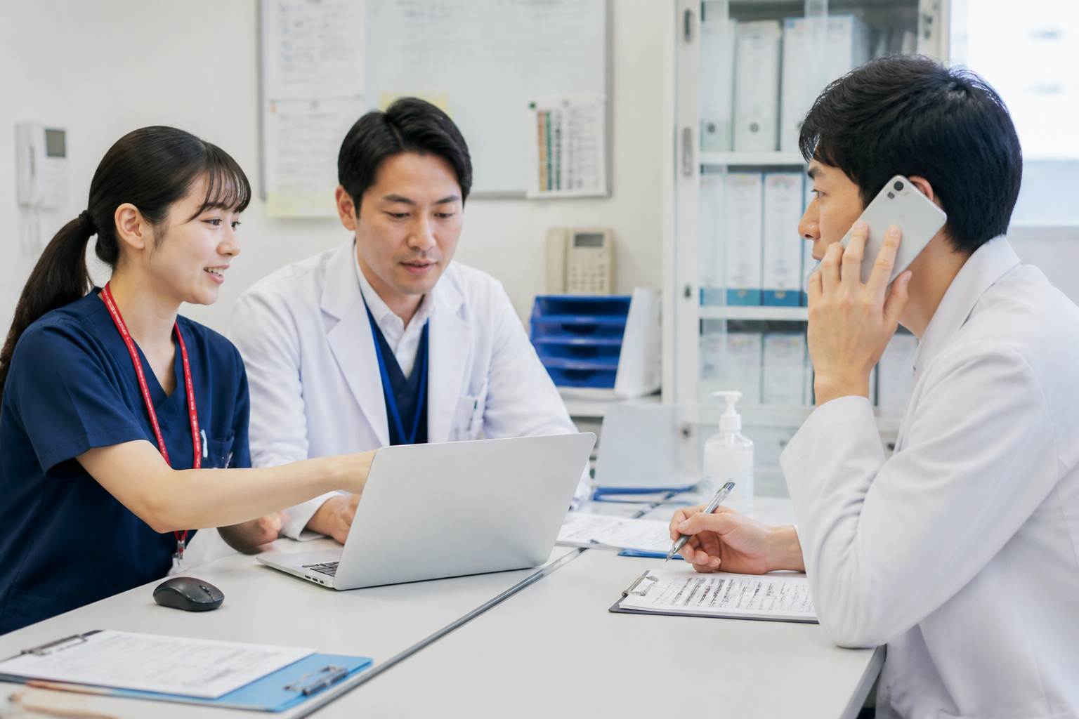 訪問看護師と医師・薬剤師が連携している様子