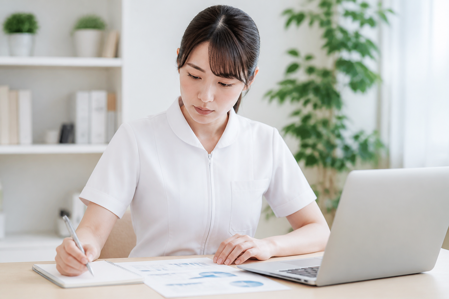 フリーランス転向前の準備として書類とパソコンで計画を立てる日本人看護師