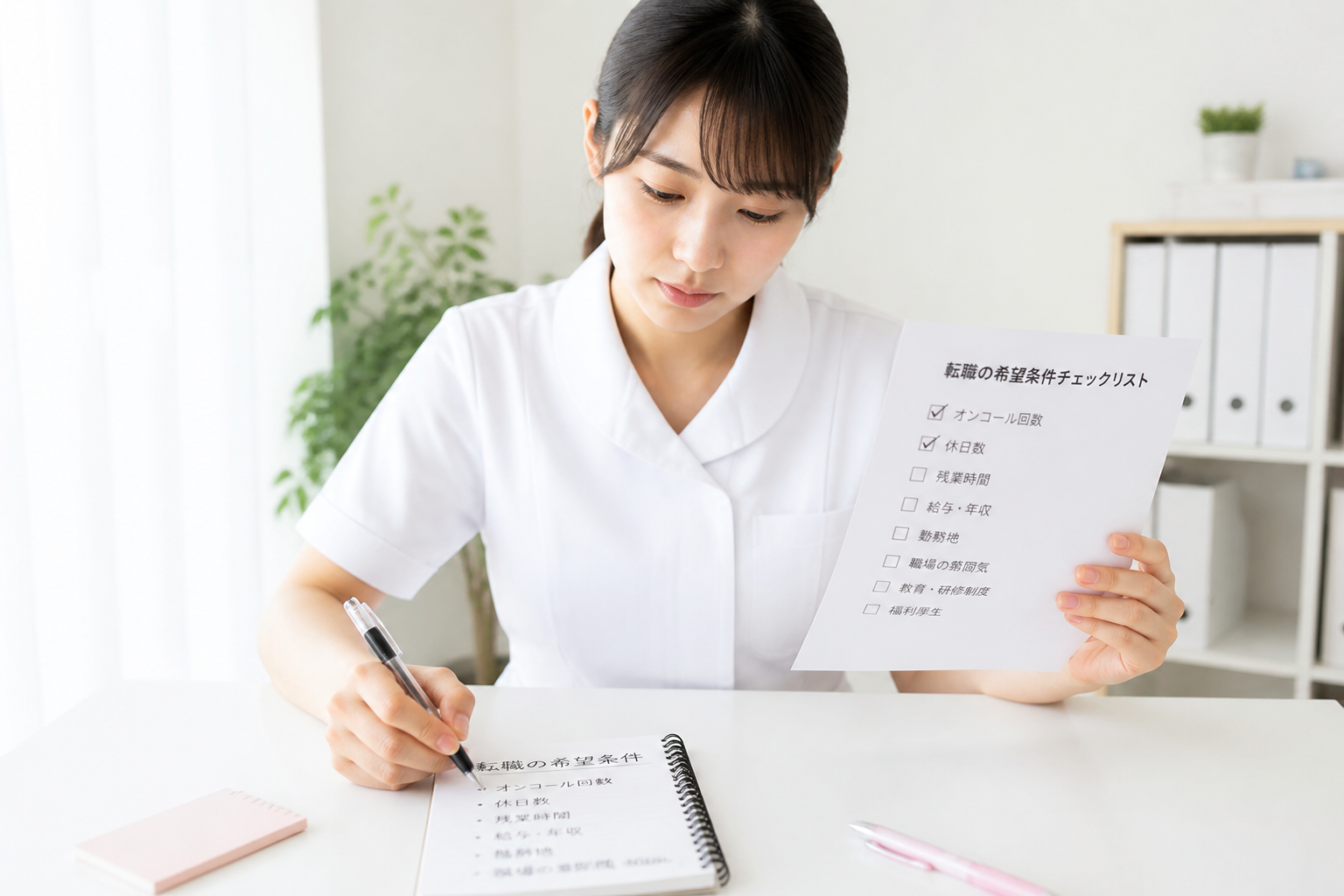 転職前の希望条件をノートに書き出して整理する日本人女性看護師