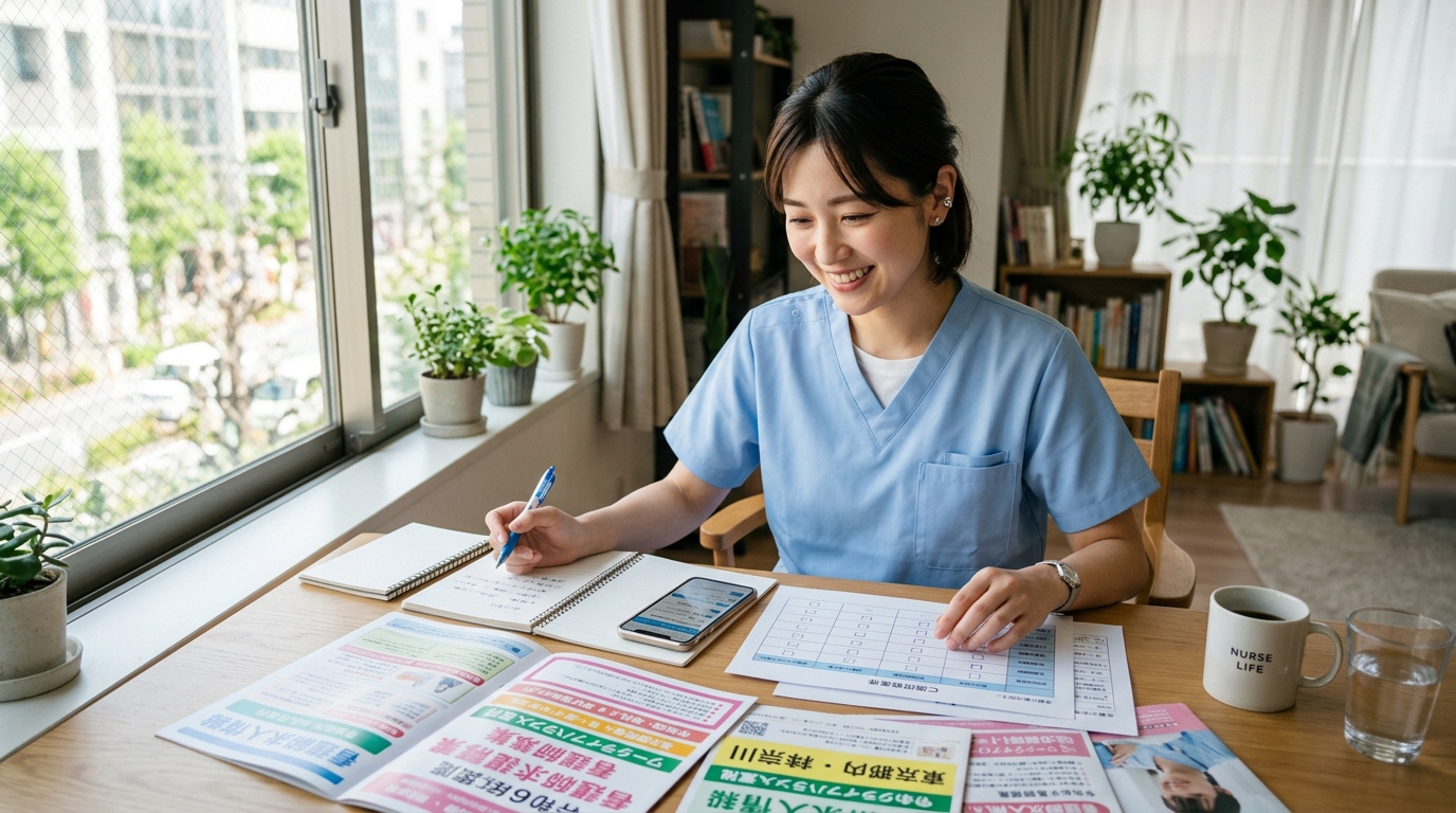 訪問看護への転職前に複数のステーション情報を比較検討する日本人女性看護師