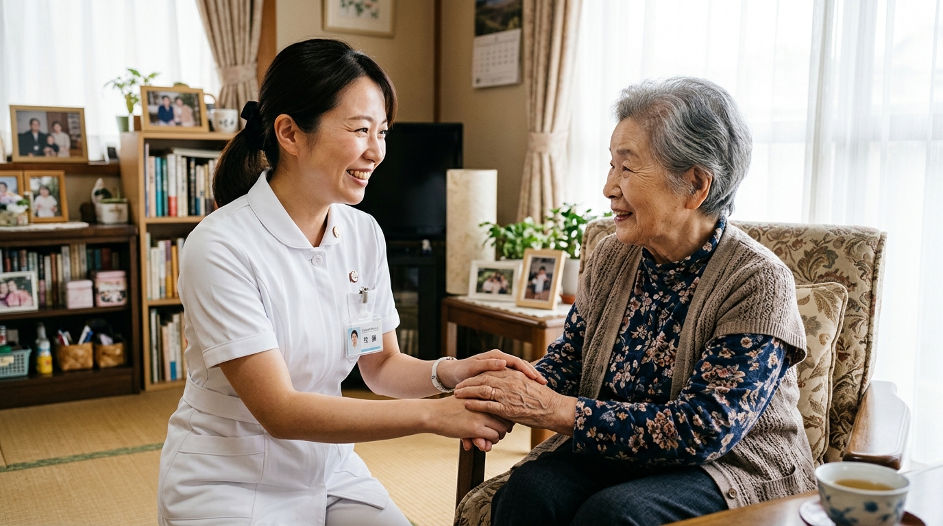 訪問先の高齢者に寄り添う訪問看護師