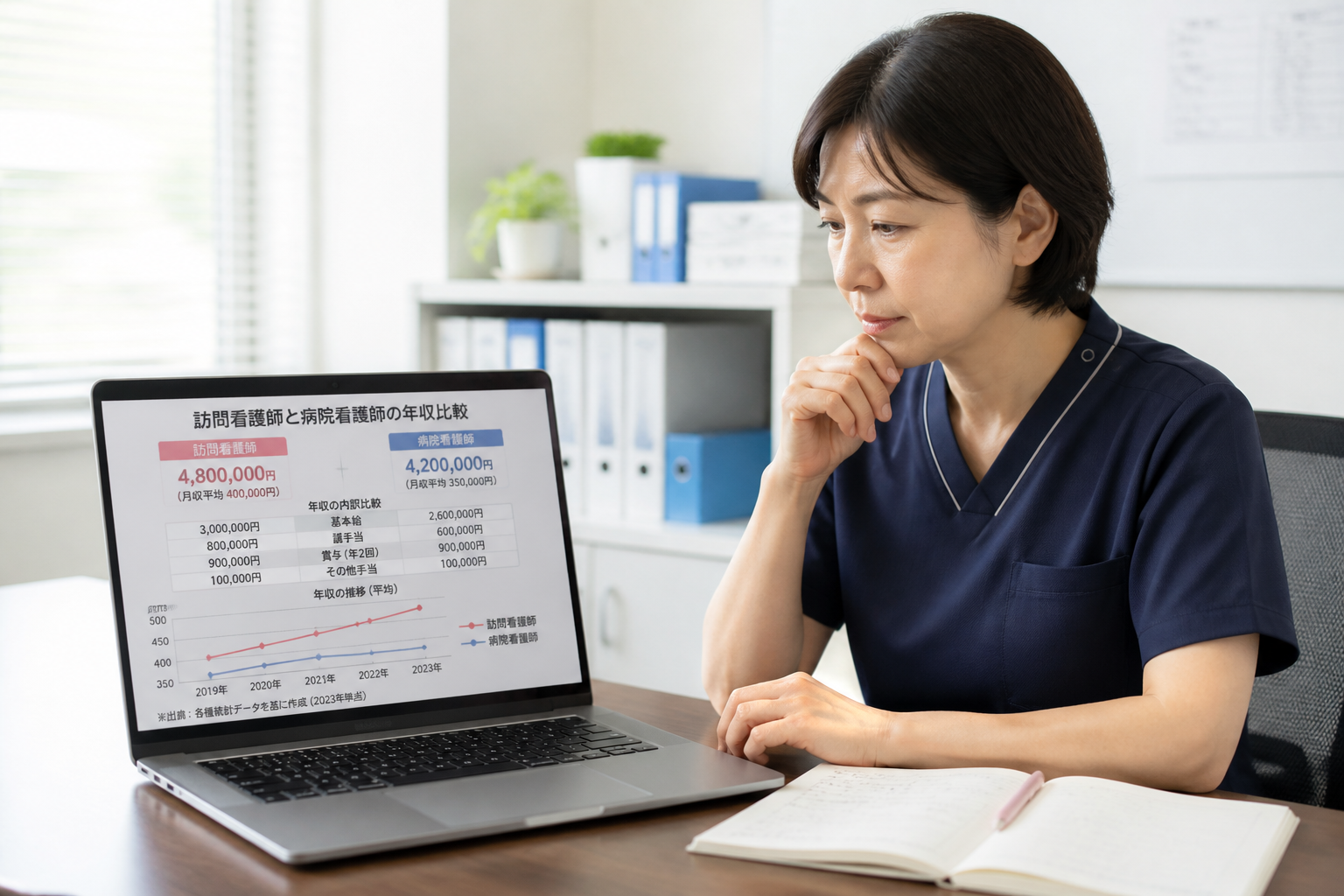 訪問看護師が給与データや年収統計を確認している様子