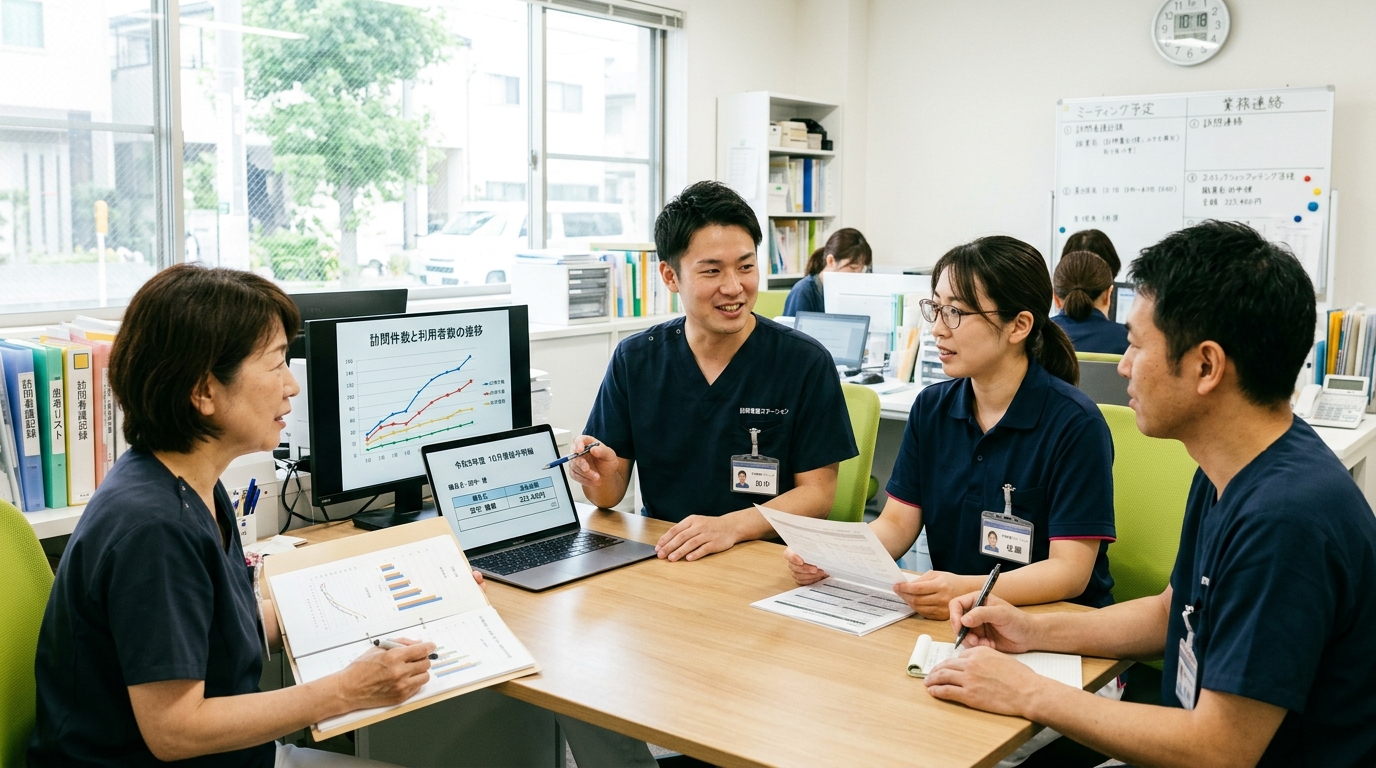 訪問看護ステーションのスタッフが賃金データを確認している様子