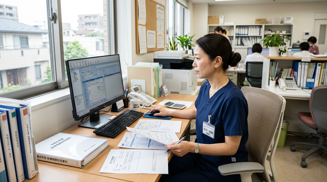 診療報酬資料と給与データを確認する訪問看護師