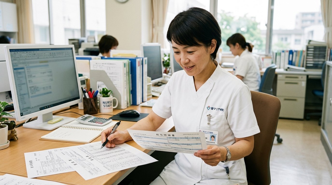 看護師が賃金表や給与書類を確認している事務所の様子