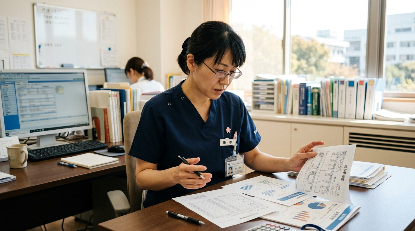 看護師が給与明細と統計資料を照らし合わせて確認している場面