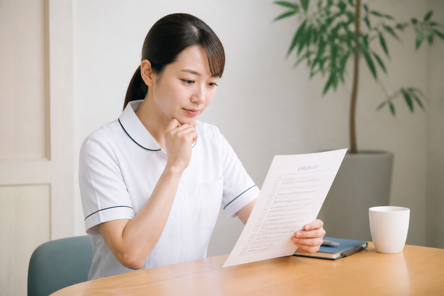 訪問看護師が適性チェックリストを確認している様子
