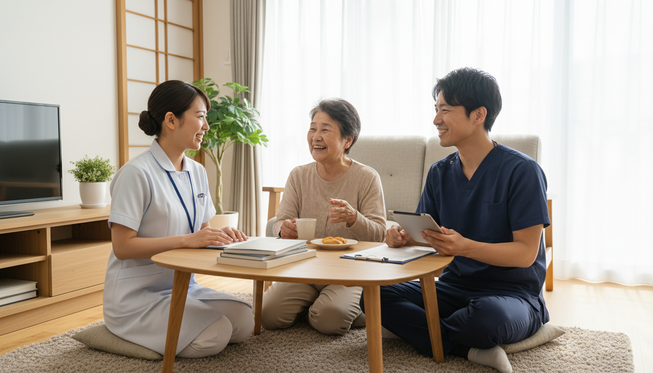 訪問看護師と理学療法士が在宅利用者を交えてチームケアを実施している様子