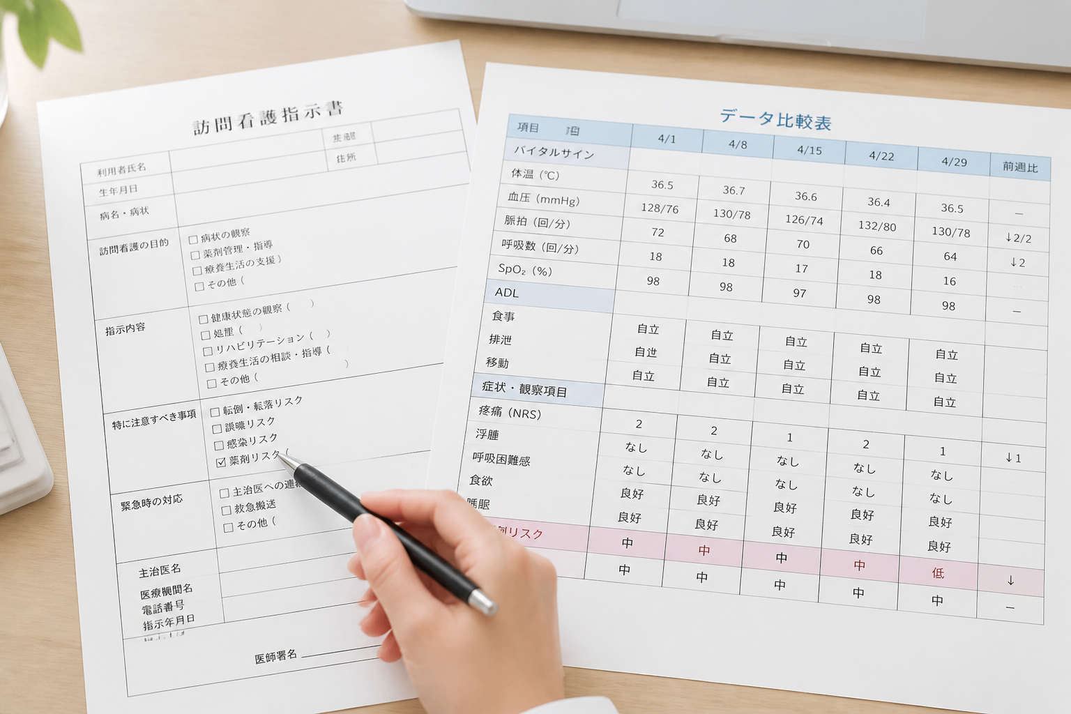 訪問看護指示書と薬剤別の低血糖リスクを確認する看護師の手元