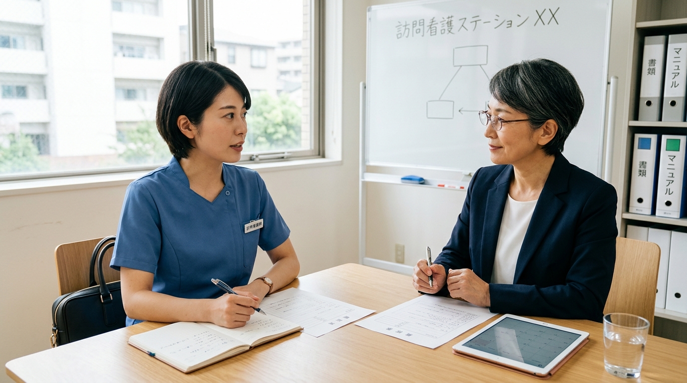 訪問看護ステーションで面接を受ける看護師