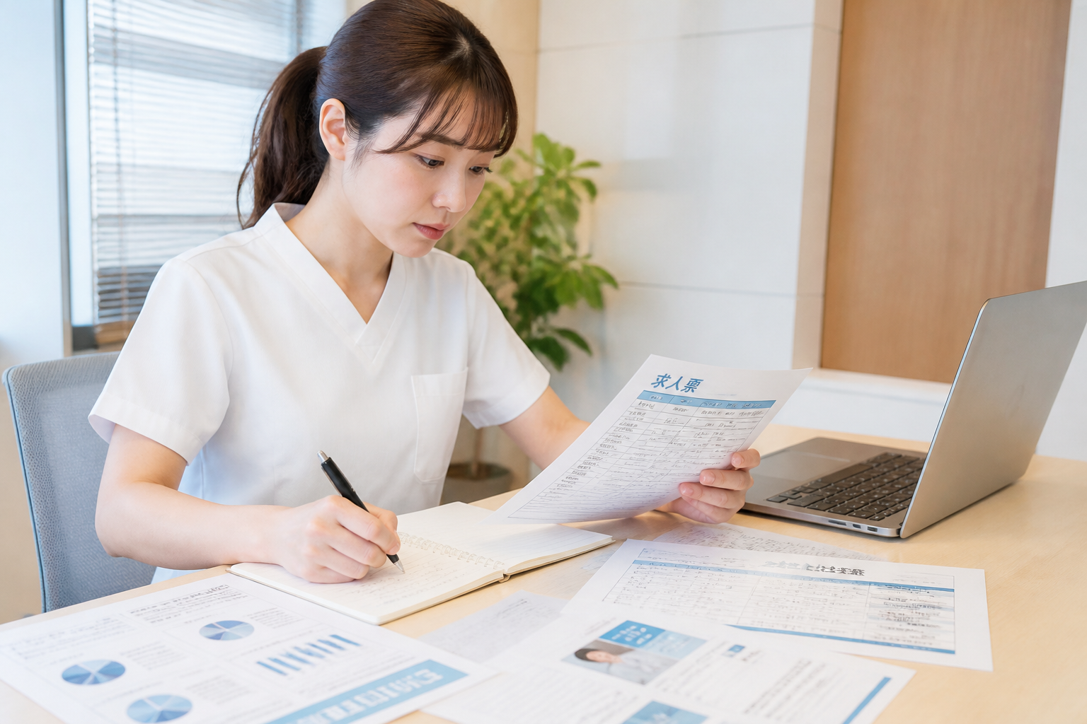 緩和ケアの求人条件を資料で比較する日本人看護師
