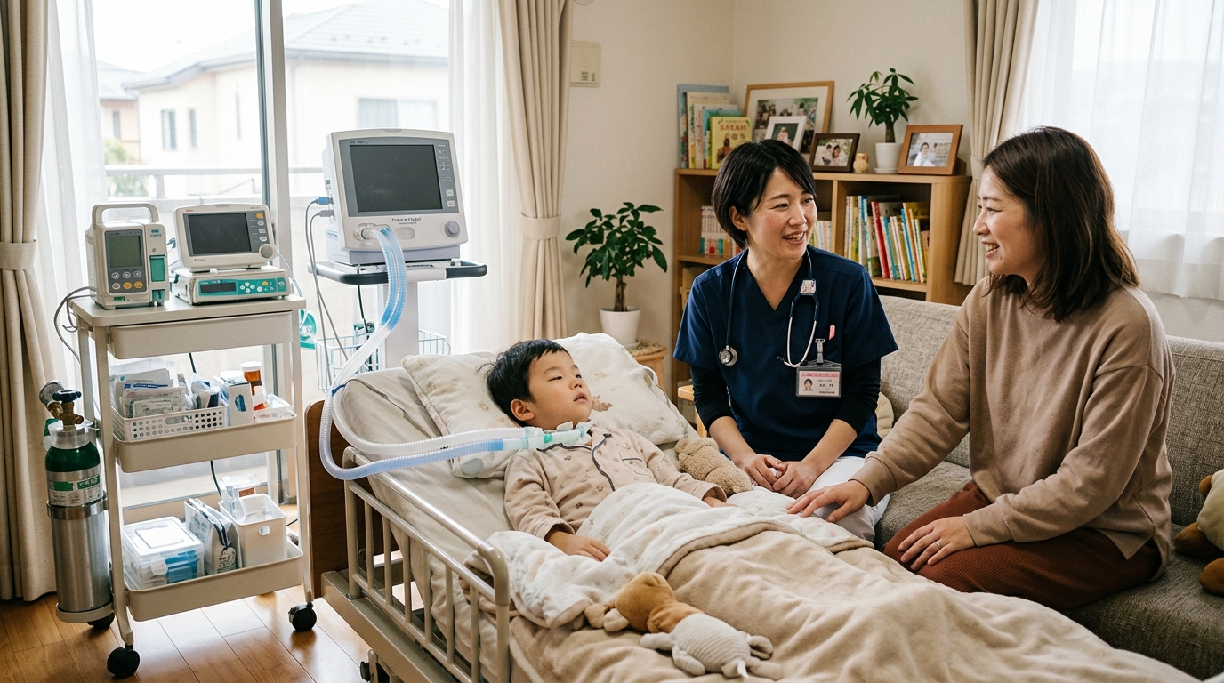 在宅で医療的ケア児の家族と話し合う訪問看護師