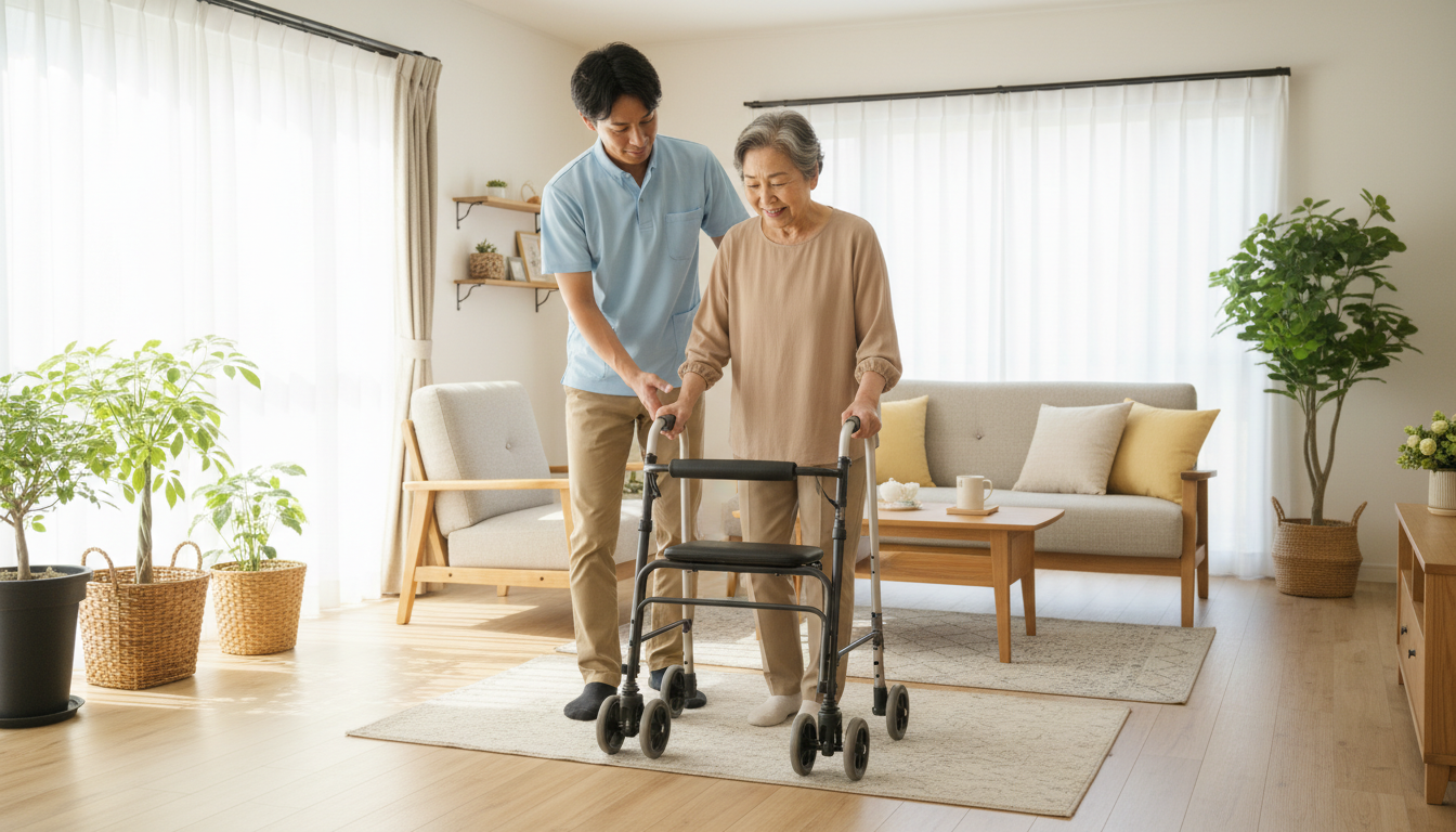 理学療法士が自宅で高齢者の歩行訓練を支援している様子