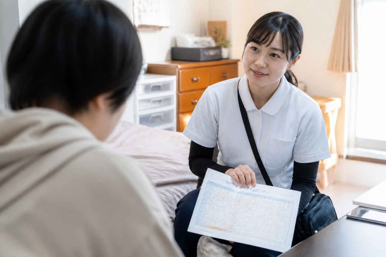 日本人の訪問看護師が精神疾患を持つ利用者の自宅で服薬管理をサポートしている様子
