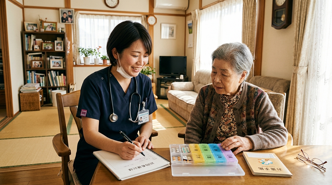 精神科訪問看護師が在宅患者に服薬管理の指導をしている場面