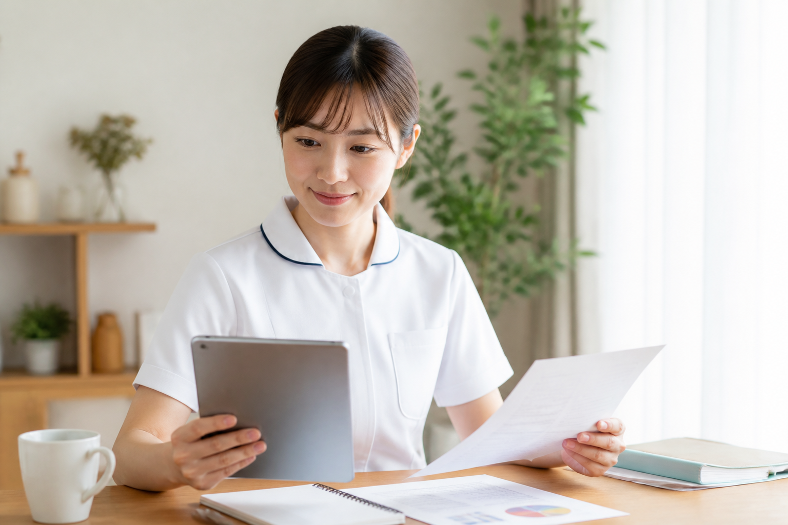 精神科訪問看護への転職を検討する日本人女性看護師がタブレットで情報収集している様子