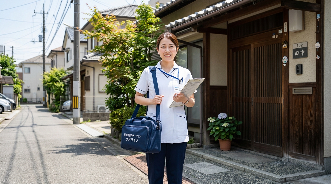 訪問看護バッグを持ち利用者宅を訪問しようとしている日本人女性看護師