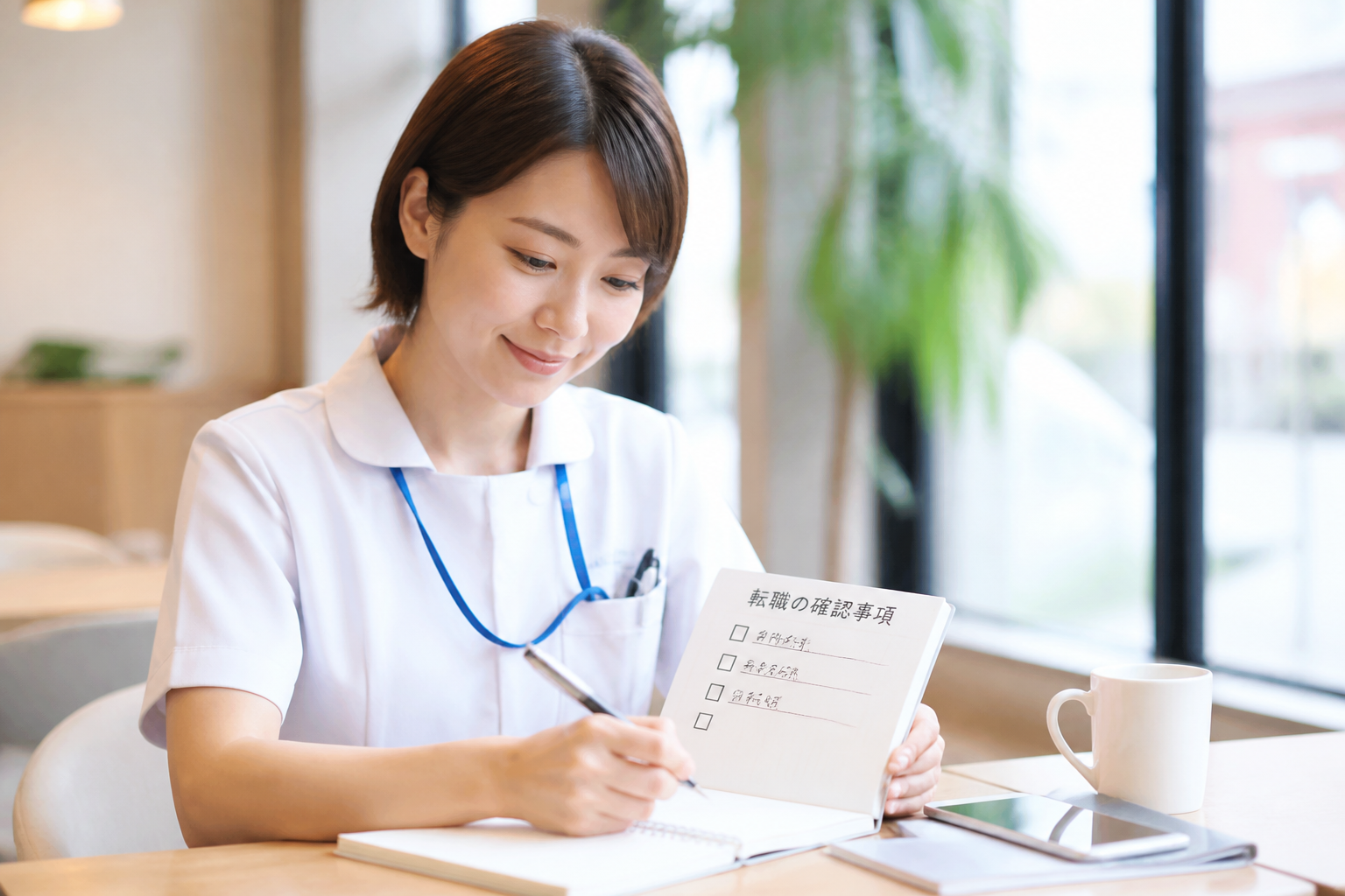 精神科訪問看護への転職に向けてチェックリストを記入しながら行動計画を立てる日本人女性看護師