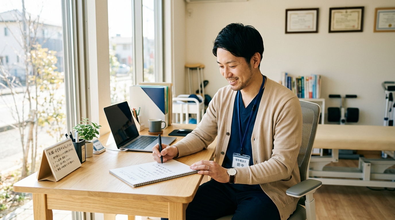 転職の希望条件をノートに書き出して整理する日本人男性理学療法士