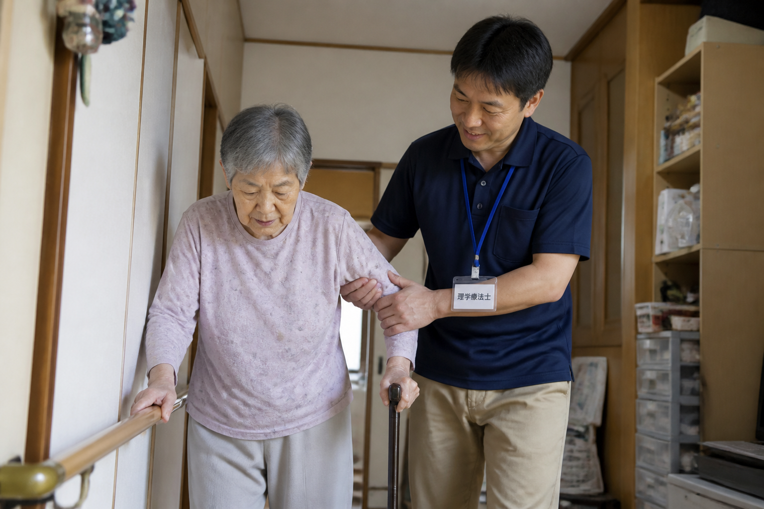 訪問リハビリで高齢患者の歩行訓練を支援する理学療法士