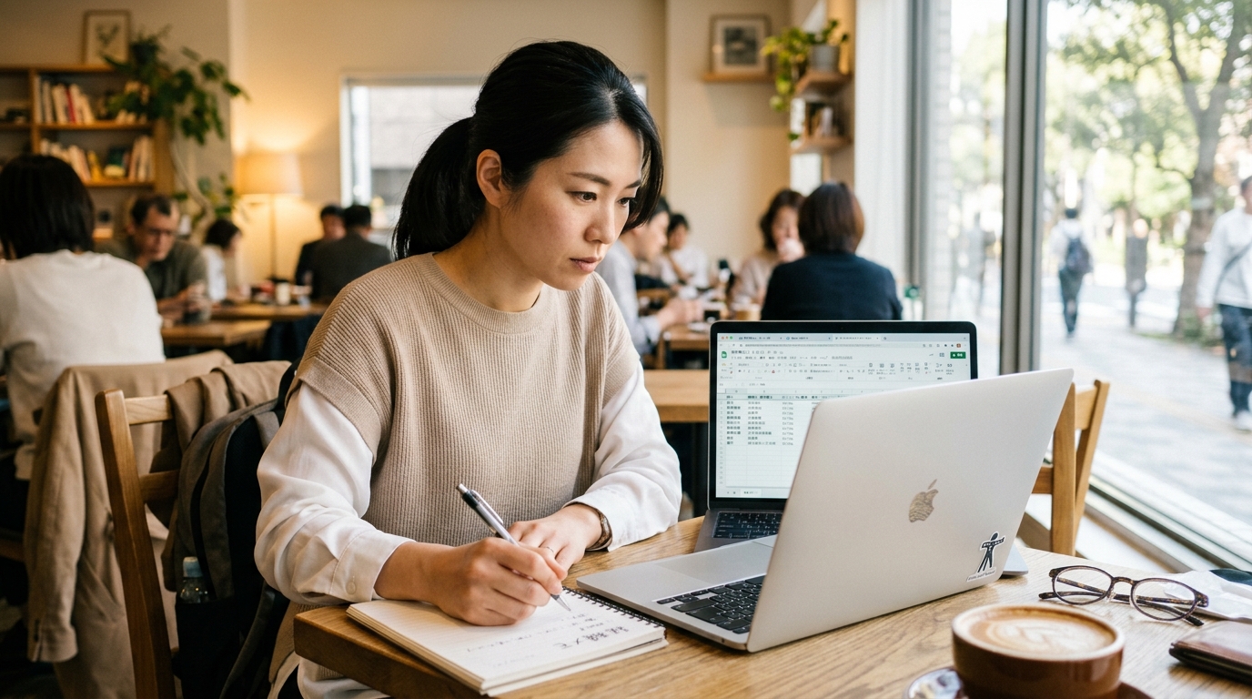 転職先の求人情報を比較検討する日本人女性理学療法士