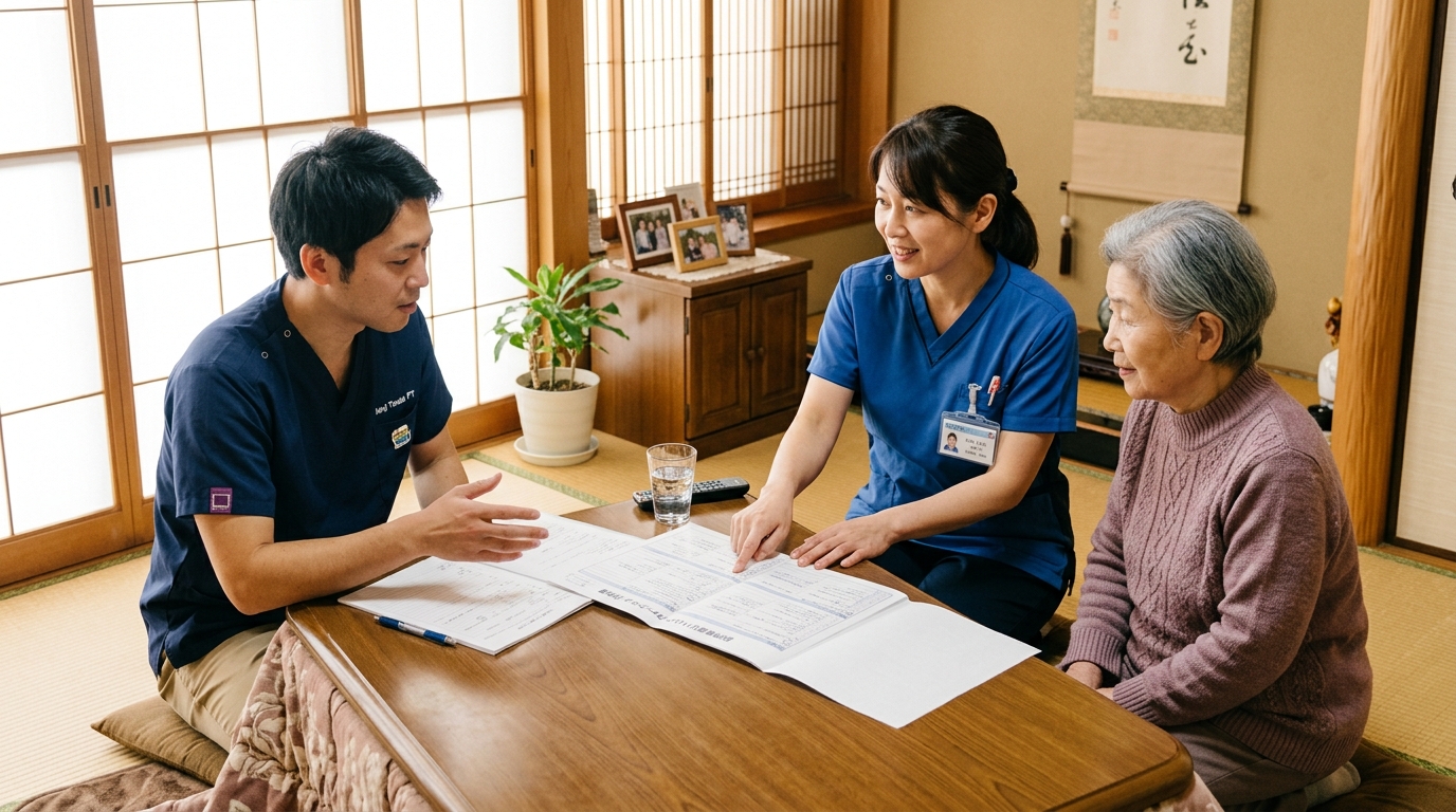 在宅で看護師と理学療法士が高齢者のリハビリ計画を共同でアセスメントしている場面
