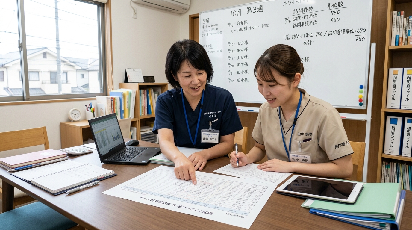 2024年改定の単位数データを看護師と理学療法士が共同で確認している場面