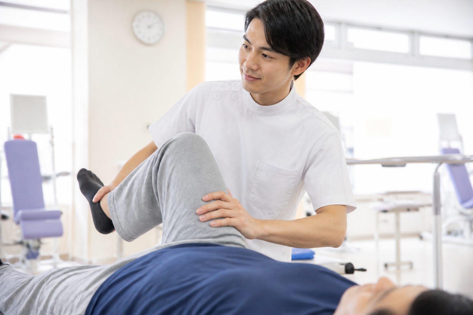 病院のリハビリ室で患者を補助する日本人理学療法士