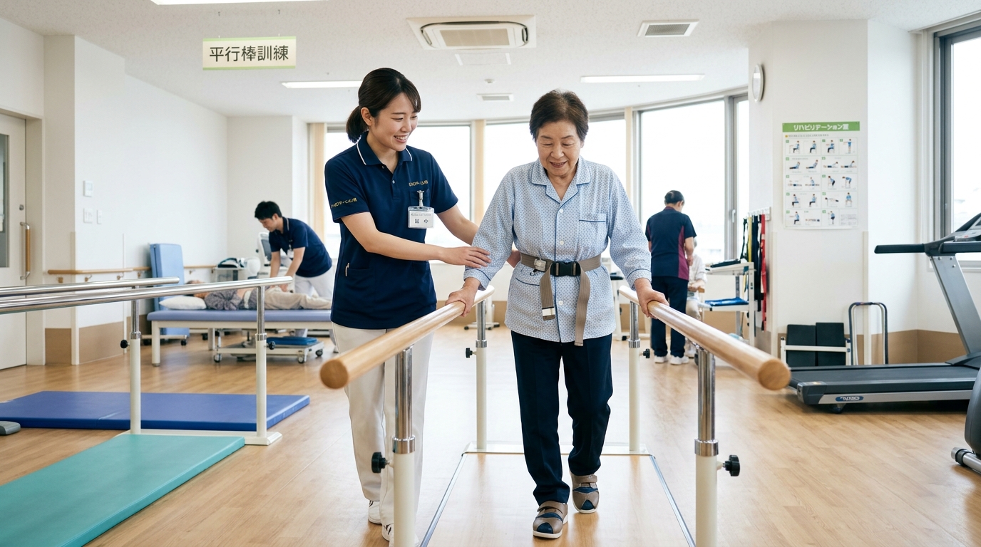 病院リハビリ室で歩行訓練を補助する理学療法士