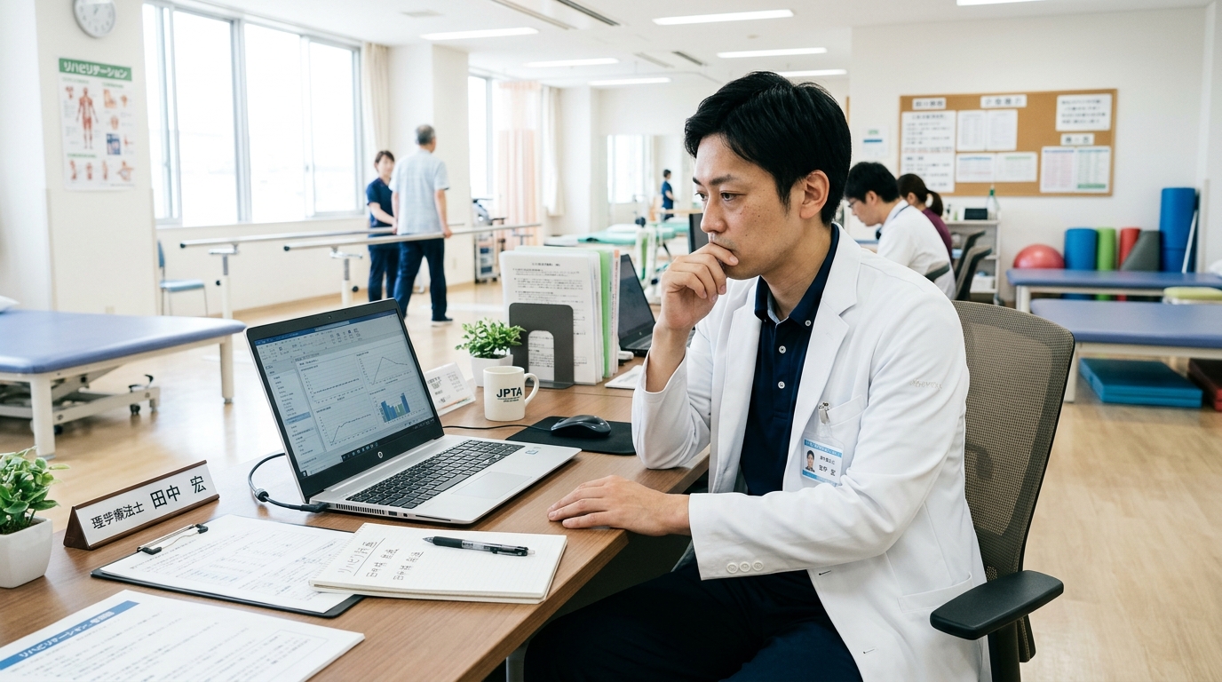 デスクで考え込む理学療法士の男性