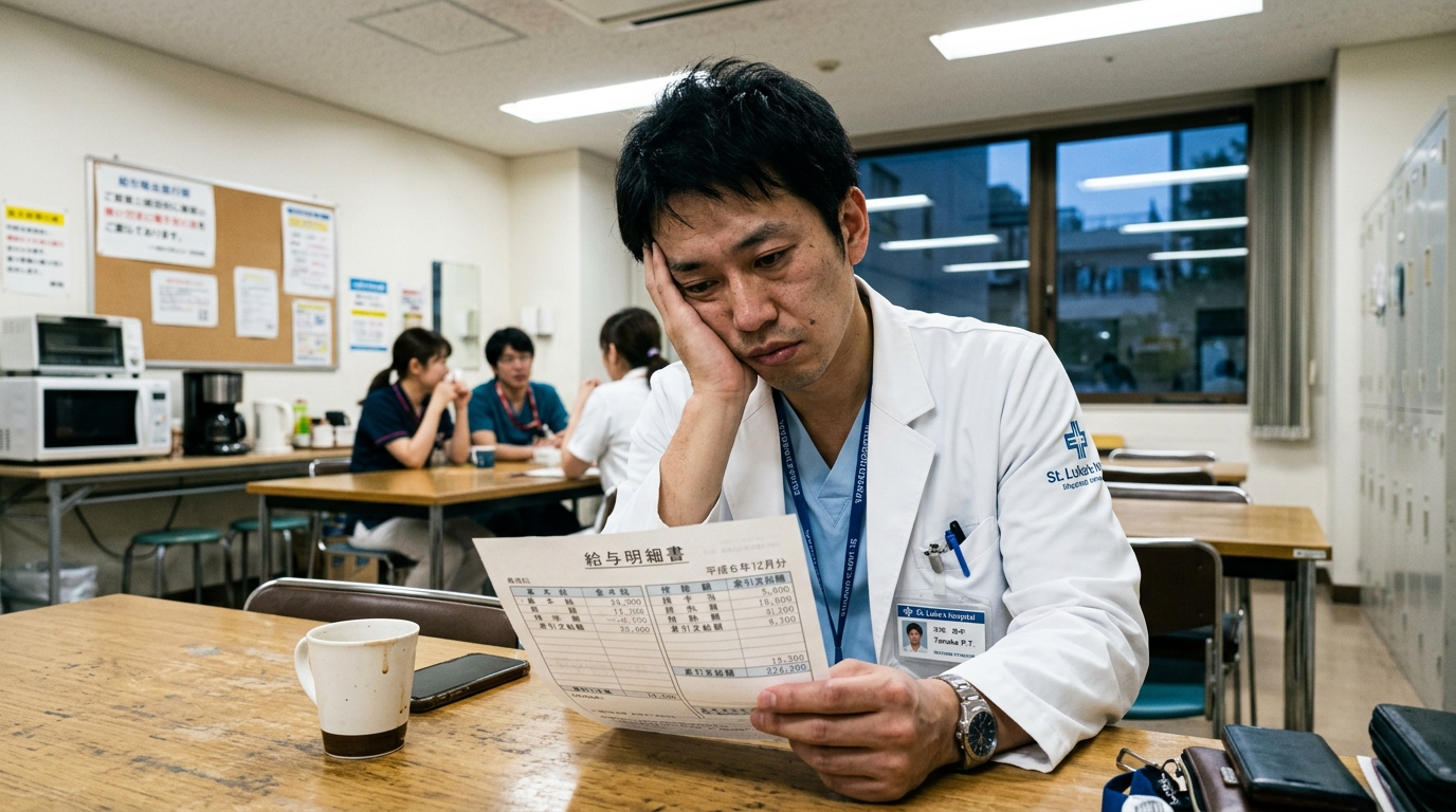 給与明細を見て考え込む日本人理学療法士の男性