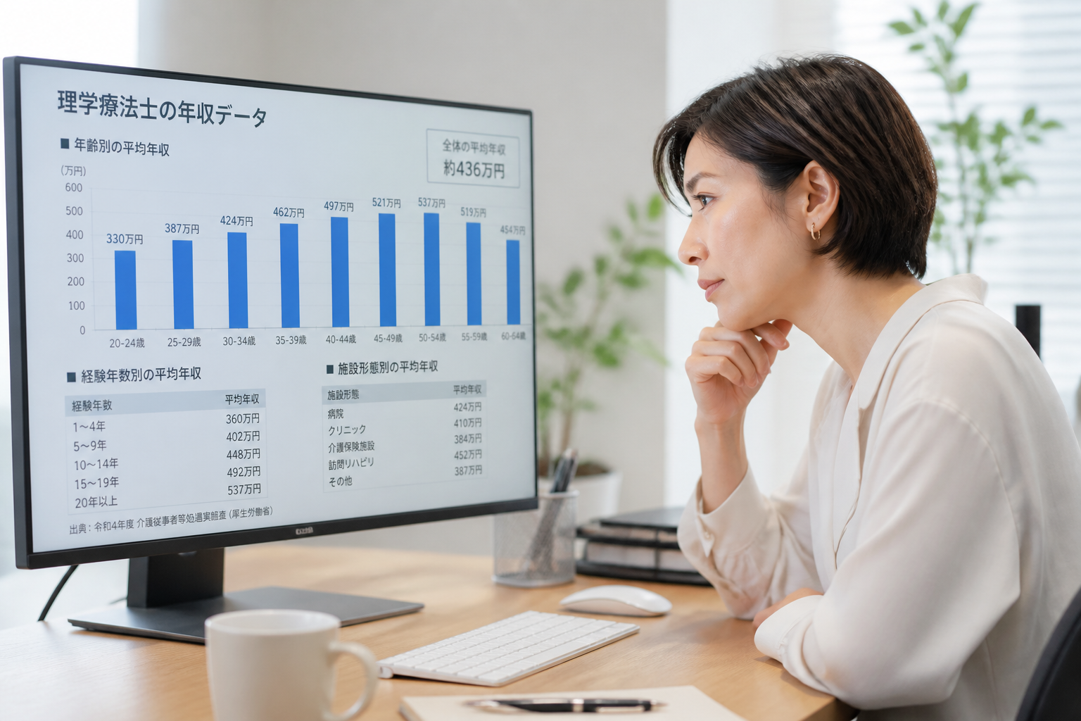 理学療法士の年収統計データをPCで確認する様子