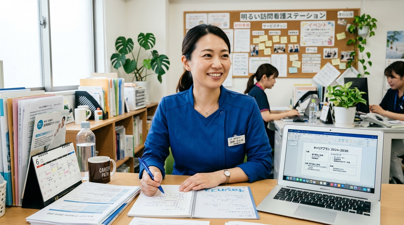 訪問看護ステーションで今後のキャリアプランを前向きに検討する理学療法士