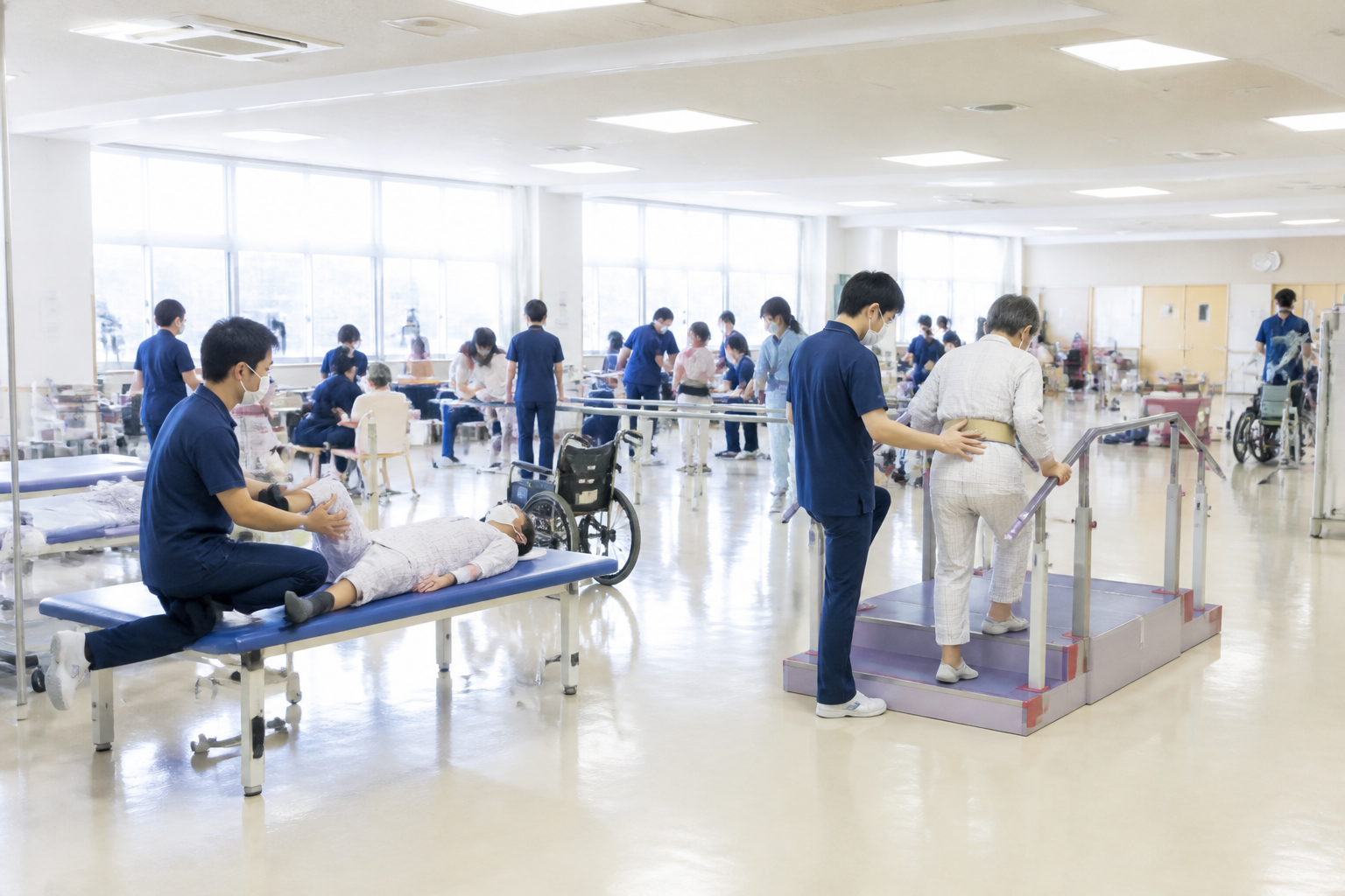 回復期リハビリテーション病棟の広いリハビリ室で働く複数の理学療法士