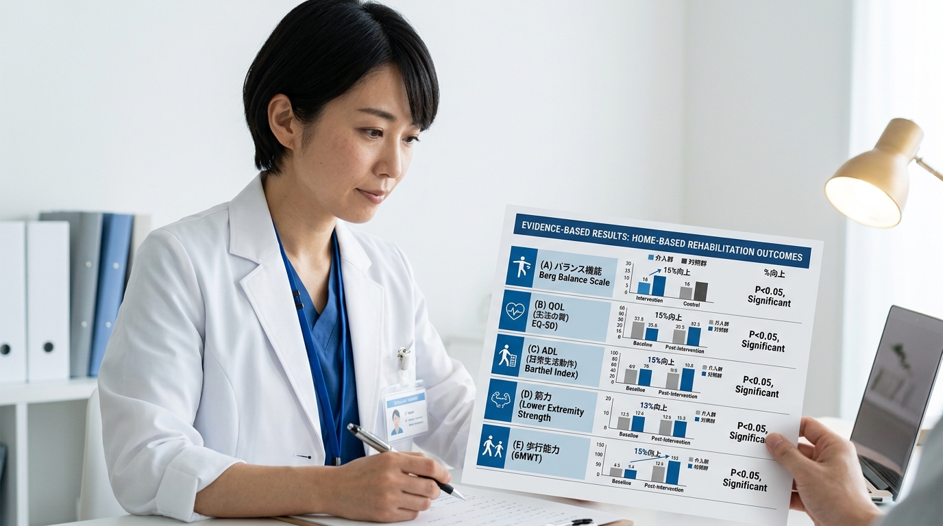 在宅リハビリのメタ分析データを示す比較表とグラフ