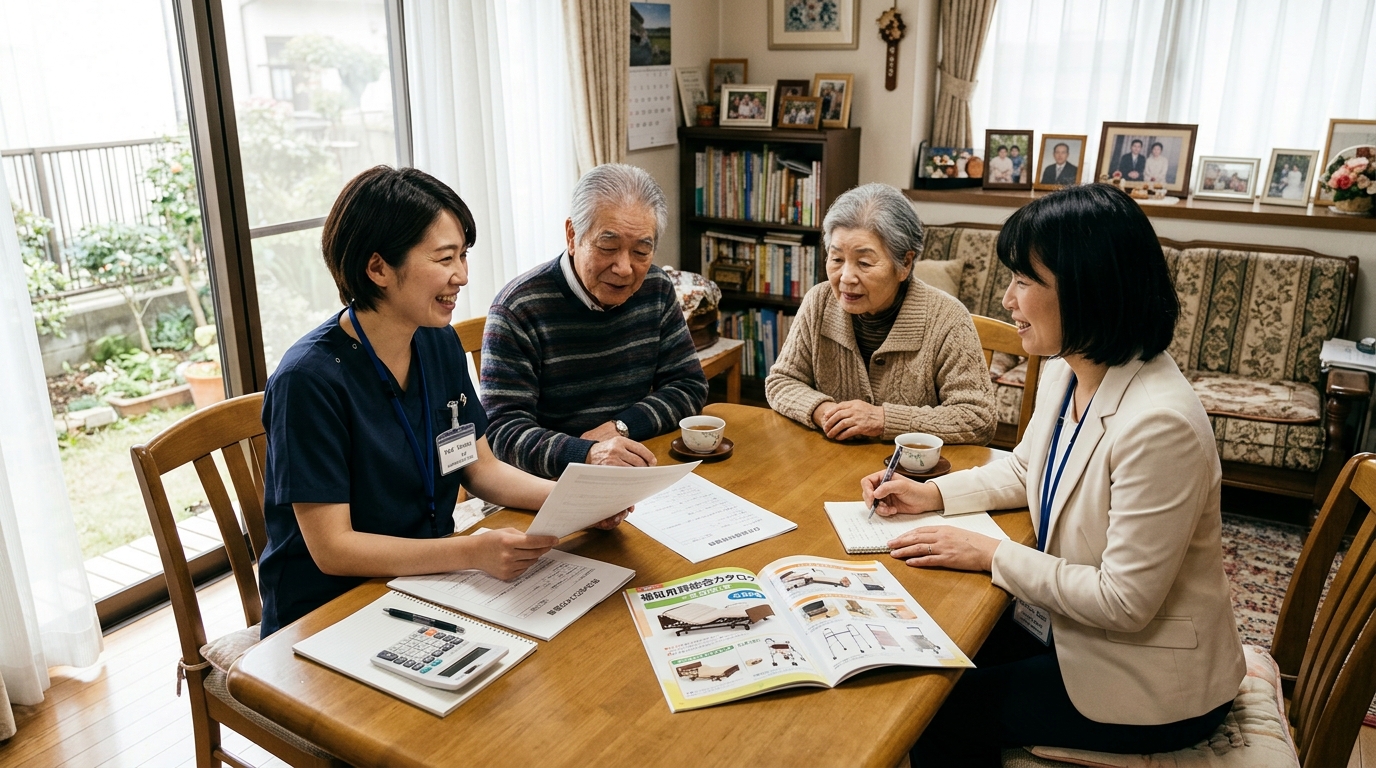 訪問リハビリの介護保険・医療保険制度について説明する作業療法士とケアマネジャー