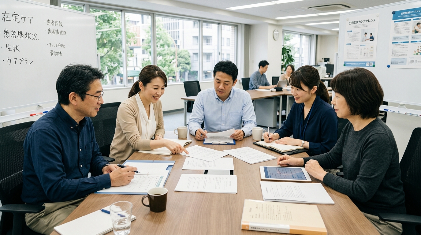 訪問リハビリのリハビリテーション会議で多職種が卒業判断を協議する場面