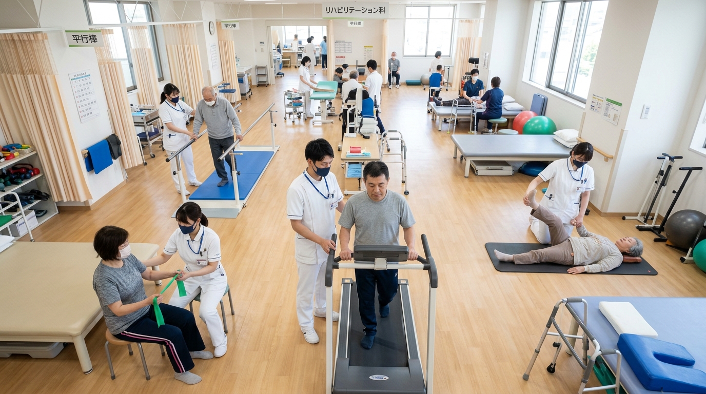 日本の病院リハビリ室で複数の理学療法士が患者を担当している様子