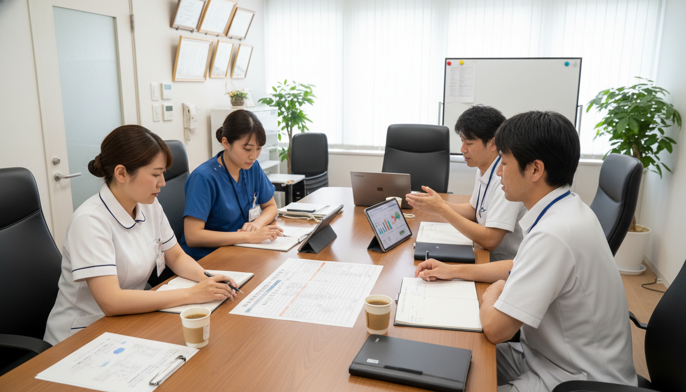訪問看護ステーションで報酬構造について打ち合わせする看護師とセラピスト