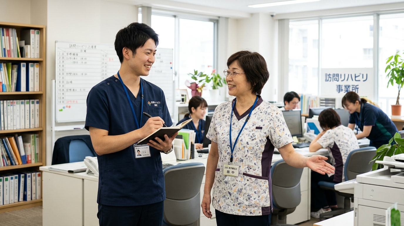 訪問リハビリ事業所の見学でスタッフに卒業事例を質問する若手理学療法士