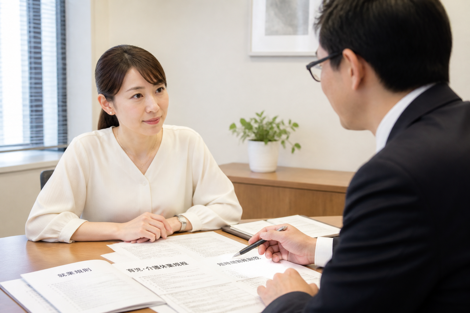 就業規則を確認しながら時短制度について上司と話し合う日本人女性スタッフ