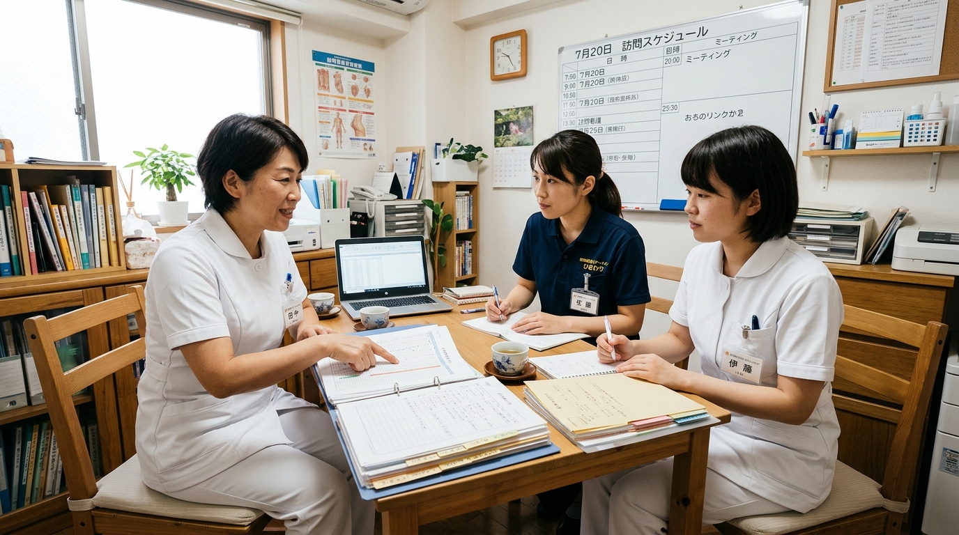 少人数の訪問看護ステーションでミーティングする日本人看護師スタッフ