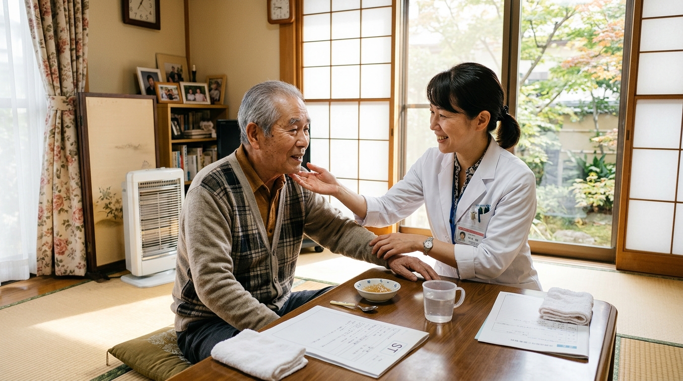 在宅で高齢患者に嚥下訓練を行う日本人の言語聴覚士