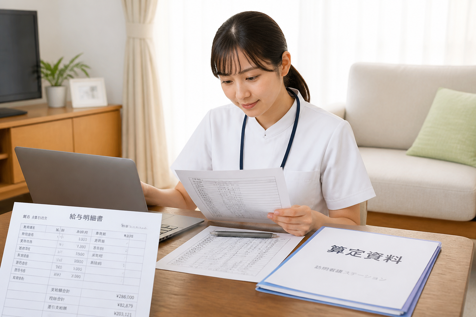 言語聴覚士が給与水準と算定資料を確認している様子
