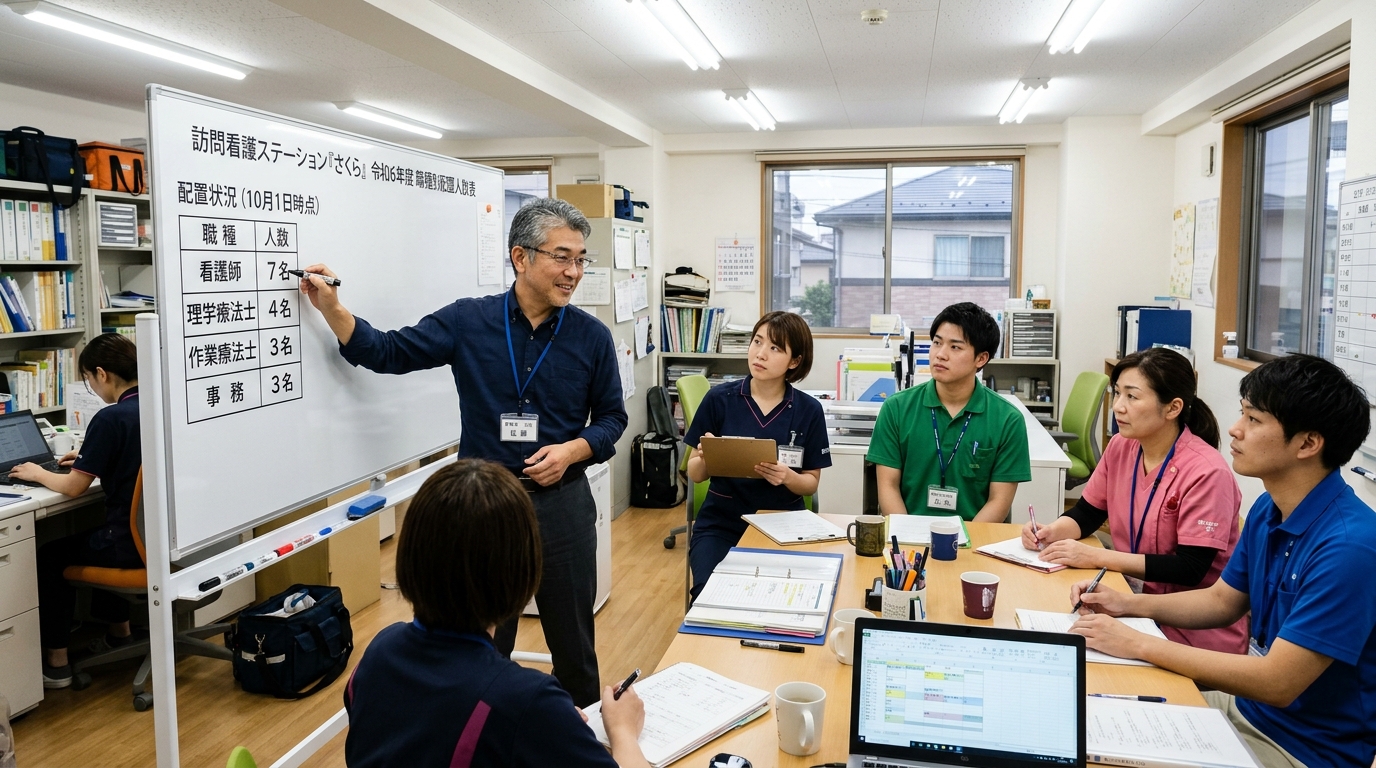 訪問看護ステーションでの人員配置基準について説明する管理者