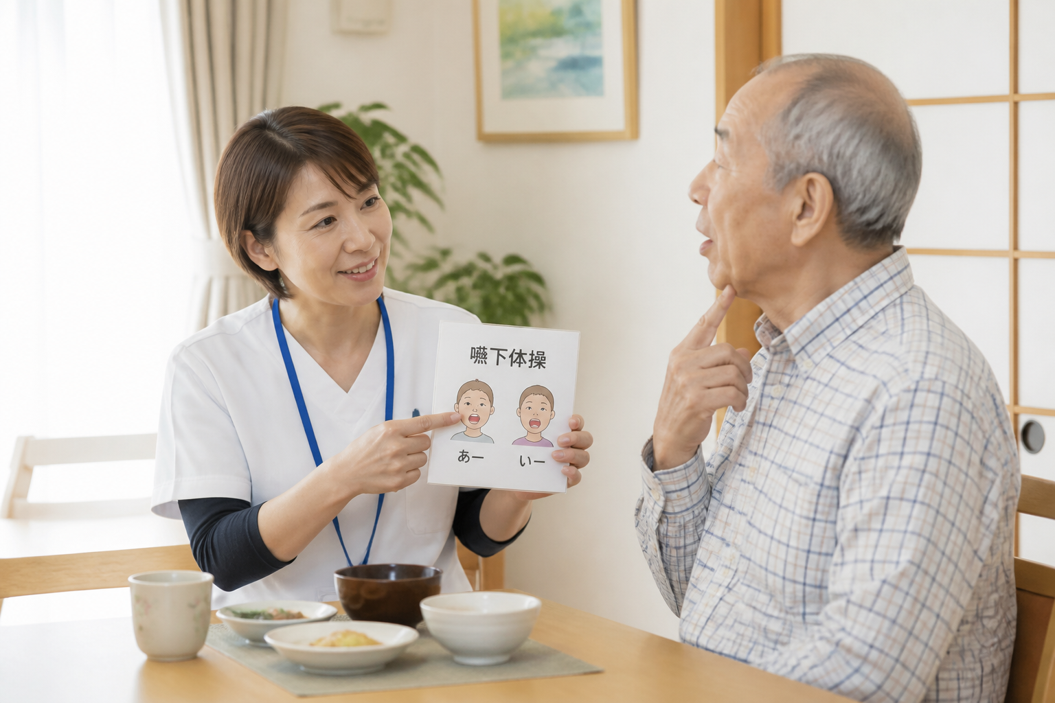 在宅で高齢者に嚥下訓練を行う訪問言語聴覚士
