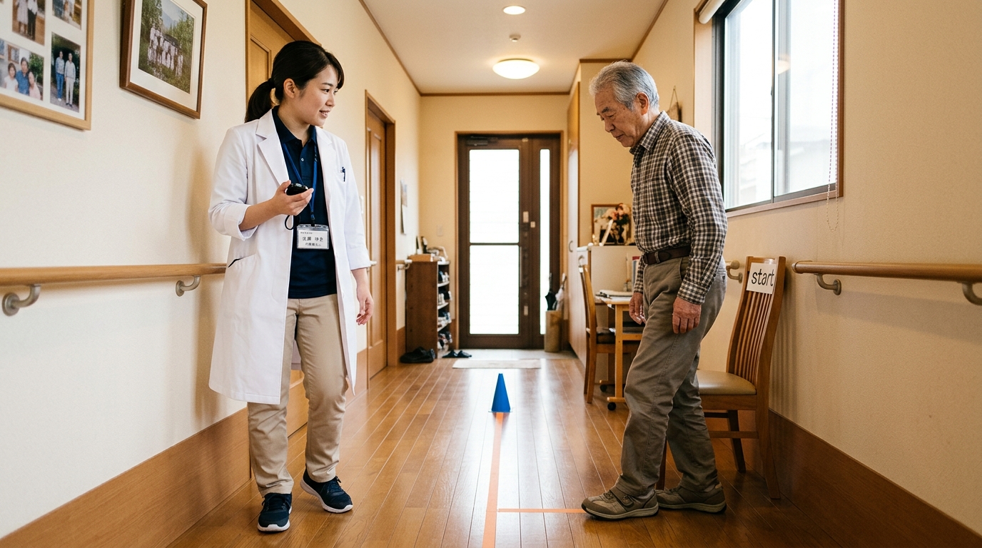 訪問リハビリでTUGテストを実施し歩行能力を評価する作業療法士