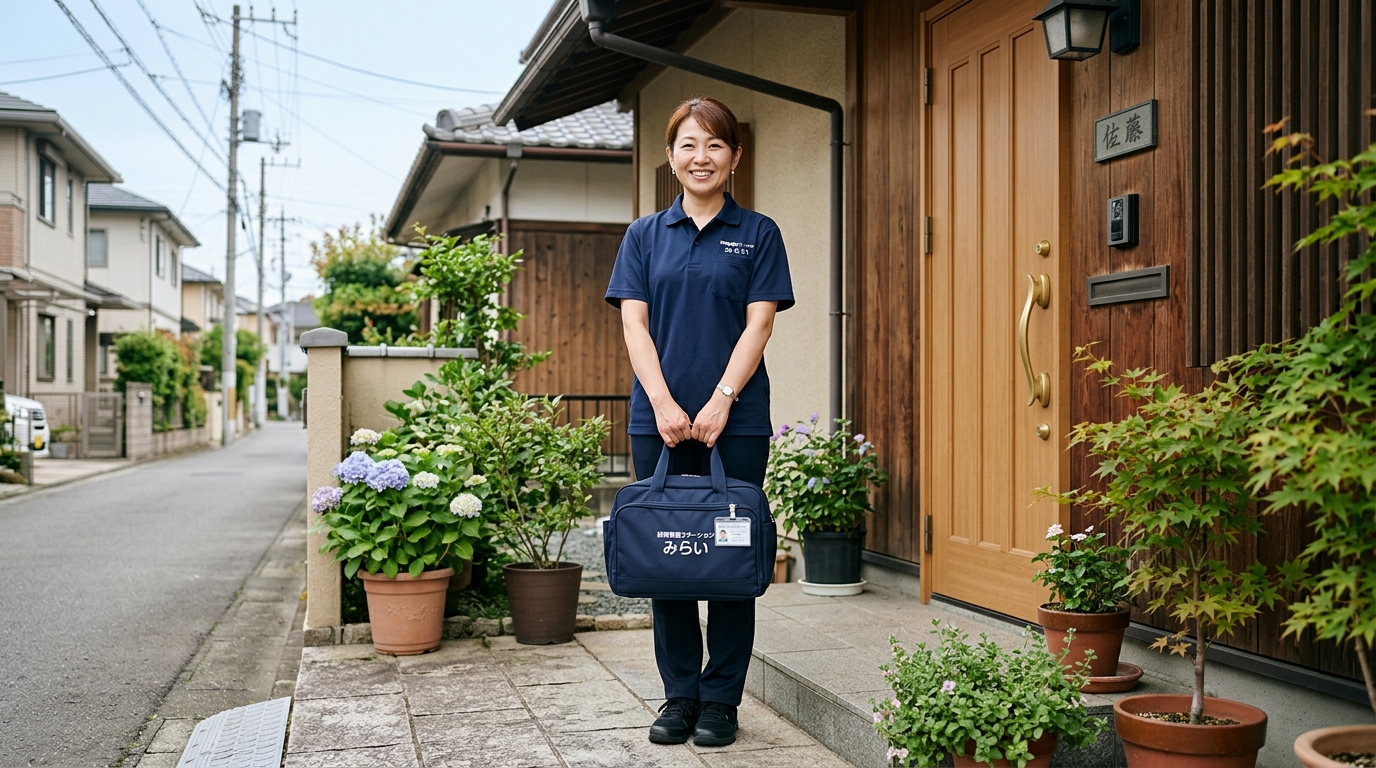 40代の日本人女性訪問看護師が住宅街の玄関前でナースバッグを持ち微笑んでいる様子