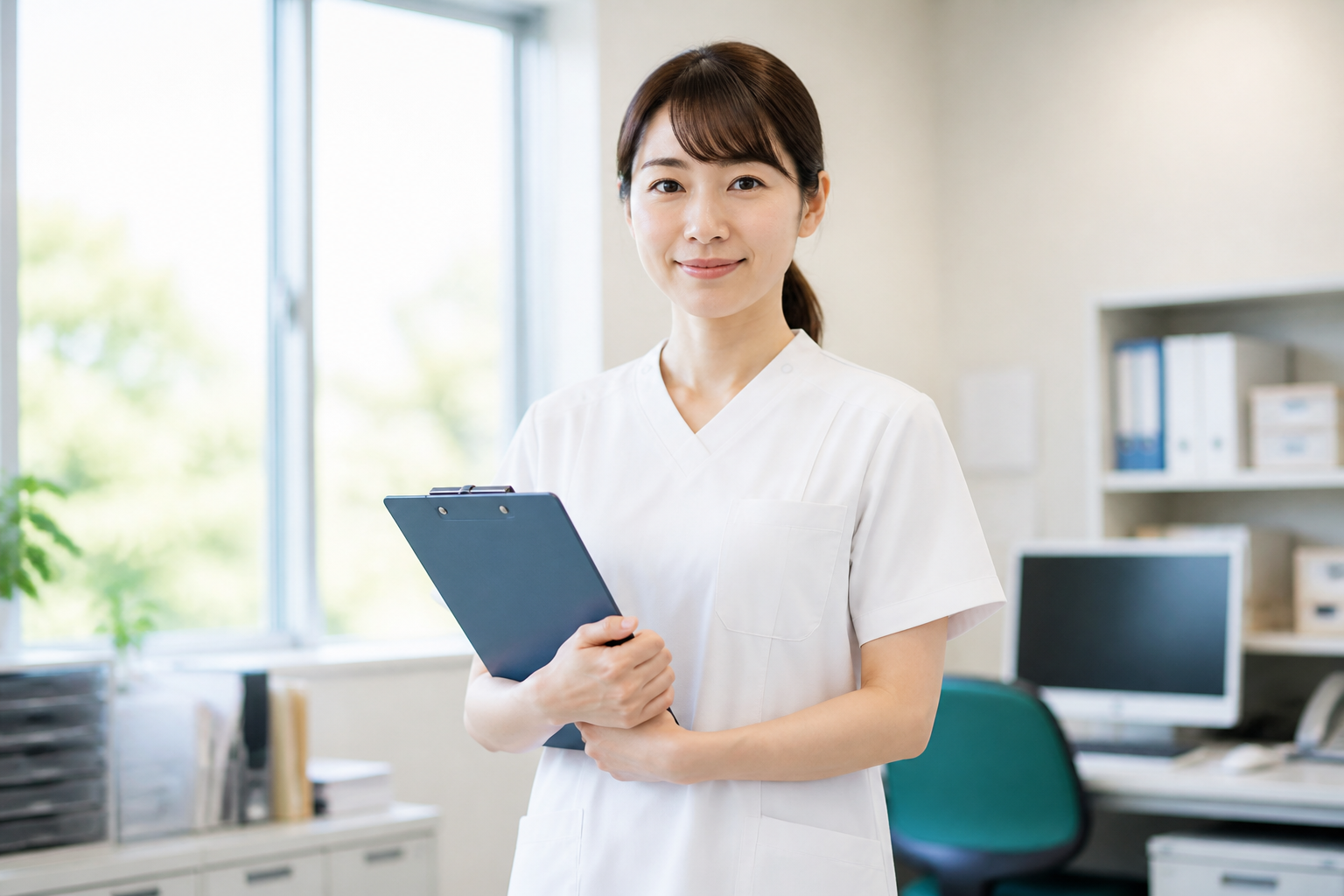 クリップボードを手に確認事項を整理する訪問看護師