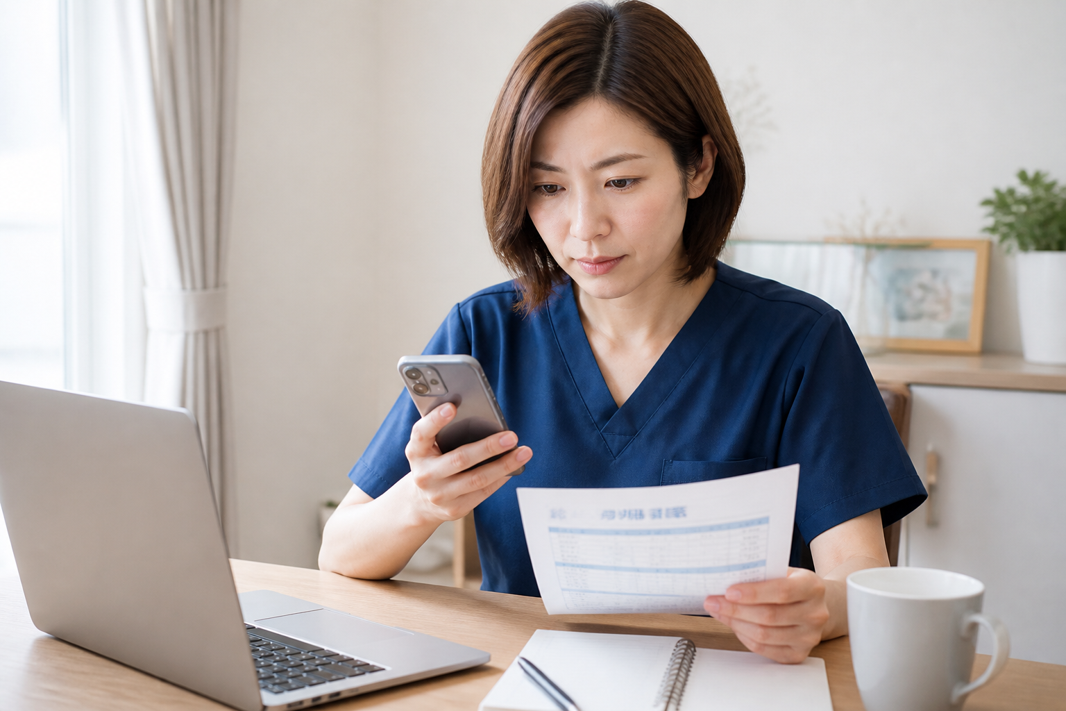 訪問看護師が給与明細と書類を確認しながら処遇改善の対応を検討している